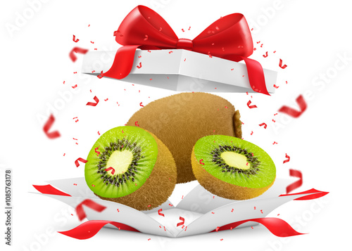 Kiwi fruit in open gift box with a red bow isolated on transparent background. Fresh juicy kiwi as a gift. Ripe fruits for healthy eating. Realistic 3d vector illustration.