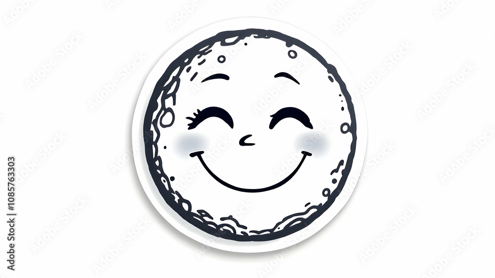 Fototapeta premium A cartoon moon with a smiling face, winking eyes, and rosy cheeks. The moons surface is textured. Simple, cute design on a white background.