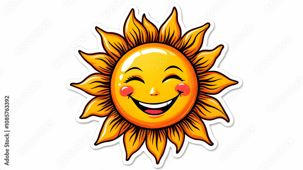 A cheerful cartoon sun with a wide smile, rosy cheeks, and bright orange rays. Its a sticker design, perfect for summer themes.