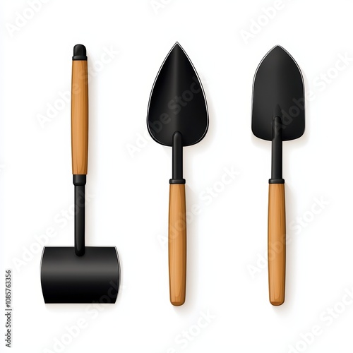 Set of three gardening tools with wooden handles, isolated. photo