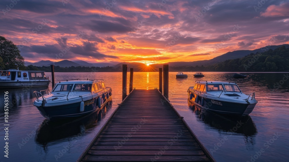 A tranquil sunset scene by the lake features two boats docked at a wooden pier. The vibrant colors reflect on the water. A calm and serene moment captured. Generative AI A tranquil sunset scene by the lake features two boats docked at a wooden pier. The vibrant colors reflect on the water. A calm and serene moment captured. Generative AI