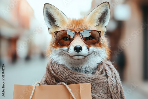 Stylish fox wearing glasses and a scarf while holding a bag. photo