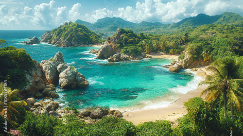 Tayrona National Park's pristine coastline in Colombia, featuring turquoise waters, lush greenery, and rugged rocks, symbolizing natural beauty, serenity, and untouched landscapes