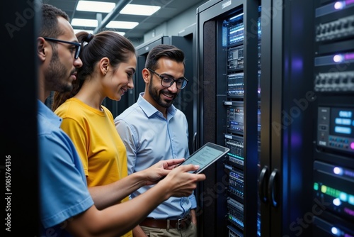 Team of it professionals analyzing server data in modern data center with tablet technology.