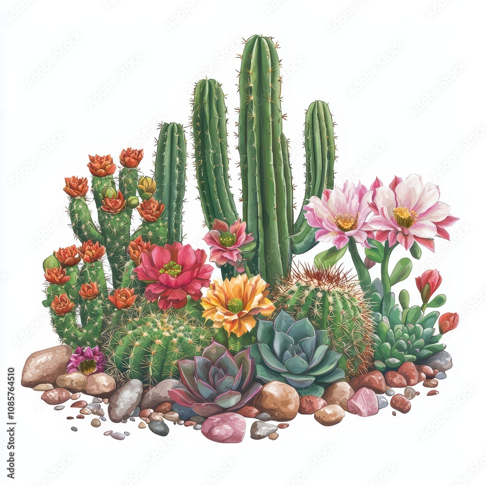 Vibrant arrangement of cacti and succulents in various colors. Vibrant arrangement of cacti and succulents in various colors.