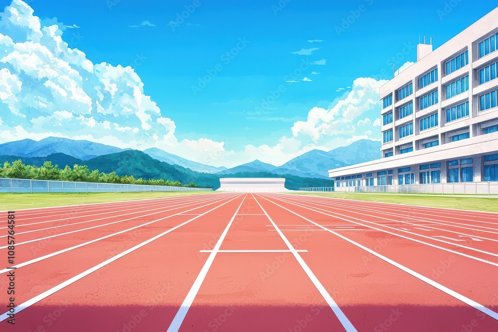 Vibrant athletic track with mountains and school in the background. Vibrant athletic track with mountains and school in the background.