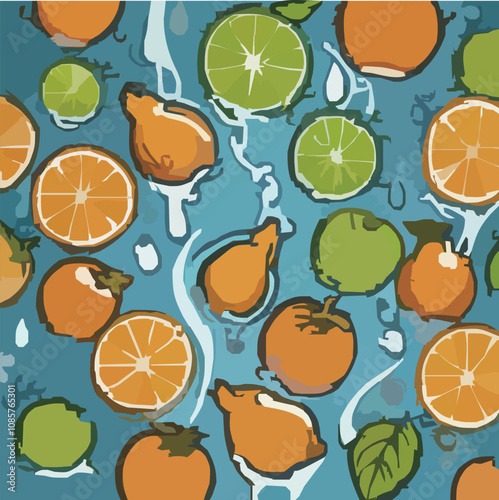 水に流れているたくさんのレモンとオレンジのベクターイラスト