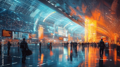 A bustling futuristic airport terminal glowing with holographic displays and gradient waves of light. The sleek architecture reflects the energy of advanced travel systems. A modern gateway 