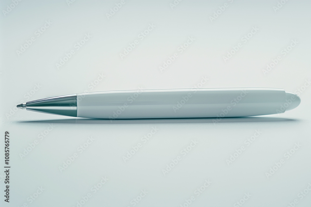 A modern, minimalistic ballpoint pen standing upright on a stark white background, reflecting soft, ambient light. A modern, minimalistic ballpoint pen standing upright on a stark white background, reflecting soft, ambient light.