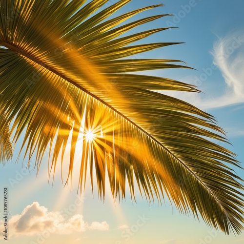 The sun's rays peek through the lush silhouette of a palm leaf and creating a stunning sunburst effect that evokes a sense of tropical paradise 