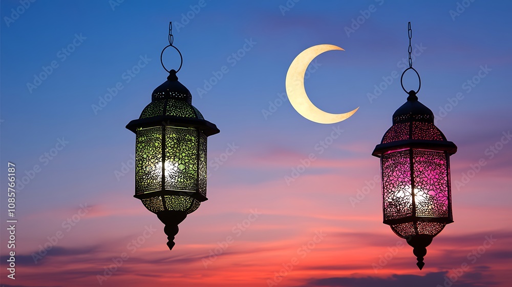 Ramadan lanterns illuminated against a vibrant sunset sky Ramadan lanterns illuminated against a vibrant sunset sky