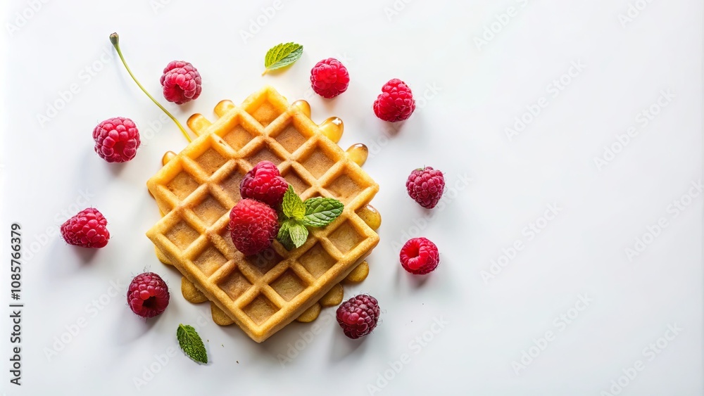 A golden waffle topped with fresh raspberries and mint, drizzled with honey on a white background A golden waffle topped with fresh raspberries and mint, drizzled with honey on a white background