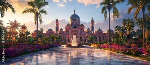 Magnificent Mosque Surrounded by Idyllic Garden Oasis at Sunset
