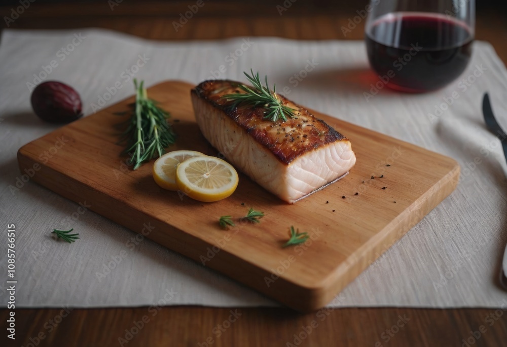 AI generated grilled salmon with lemon and rosemary on a wooden board. AI generated grilled salmon with lemon and rosemary on a wooden board.