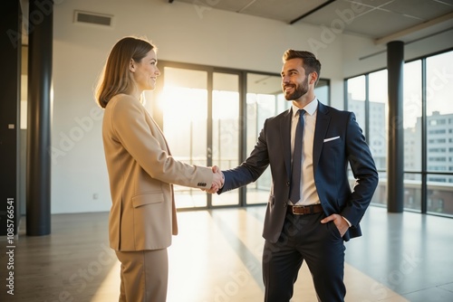 Professional business meeting in modern office with two confident colleagues shaking hands at sunset.