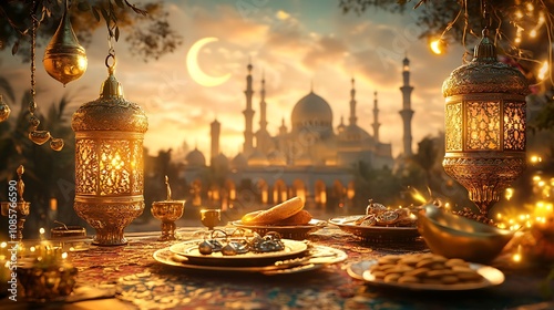 Festive Ramadan Iftar Table Setting with Mosque Background photo