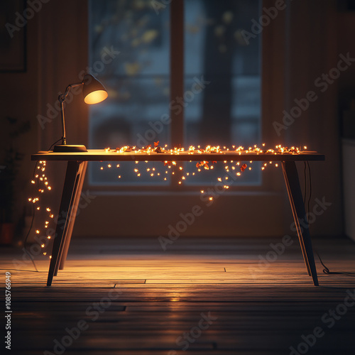 Minimalist Desk Lamp with String Lights in Background photo