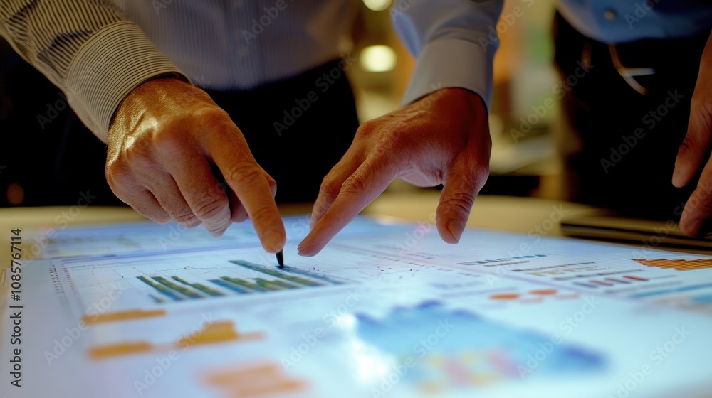 Obraz premium Hands interacting with a digital display showing graphs and data analysis.