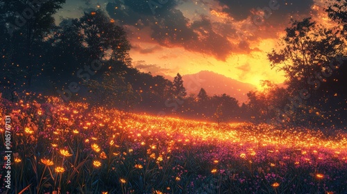 A glowing meadow illuminated by gradient waves of light flowing through the tall grass and wildflowers. The surreal colors harmonize with the soft golden glow of sunset. A peaceful and magical 