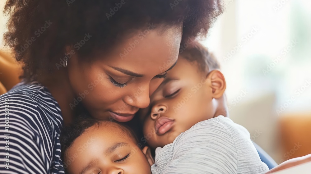 A mother lovingly holding her two sleeping children, showcasing warmth, care, and family bonding at home. A mother lovingly holding her two sleeping children, showcasing warmth, care, and family bonding at home.