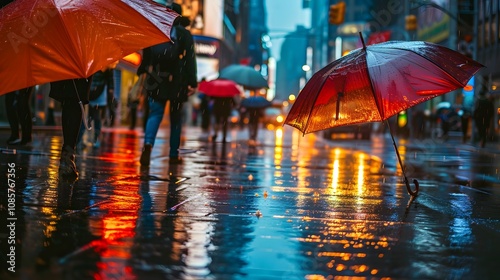 Wallpaper Mural Nighttime Rain with Brightly Lit Streets and Red Umbrella in the Foreground Torontodigital.ca