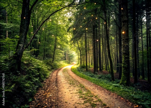 Serene Country Pathway Surrounded by Lush Trees and Nature's Bokeh Effect for Tranquil Outdoor Scenes and Scenic Walks in the Forest