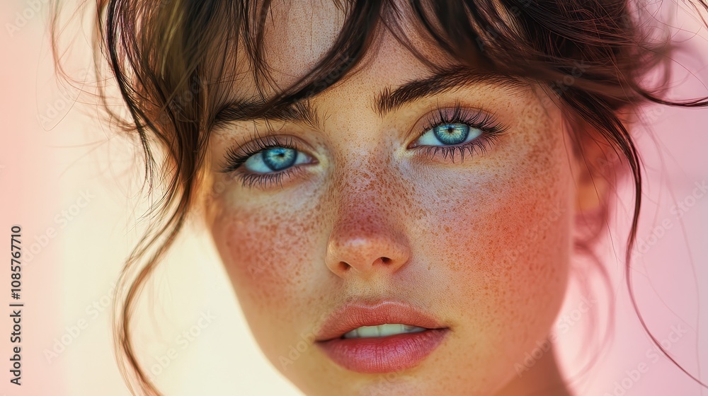 Generative AI illustration of close-up of a young woman with freckles, tousled hair, and blue eyes against a pastel background Generative AI illustration of close-up of a young woman with freckles, tousled hair, and blue eyes against a pastel background