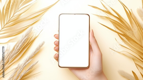 Woman holding smartphone with blank screen amidst elegant golden decor