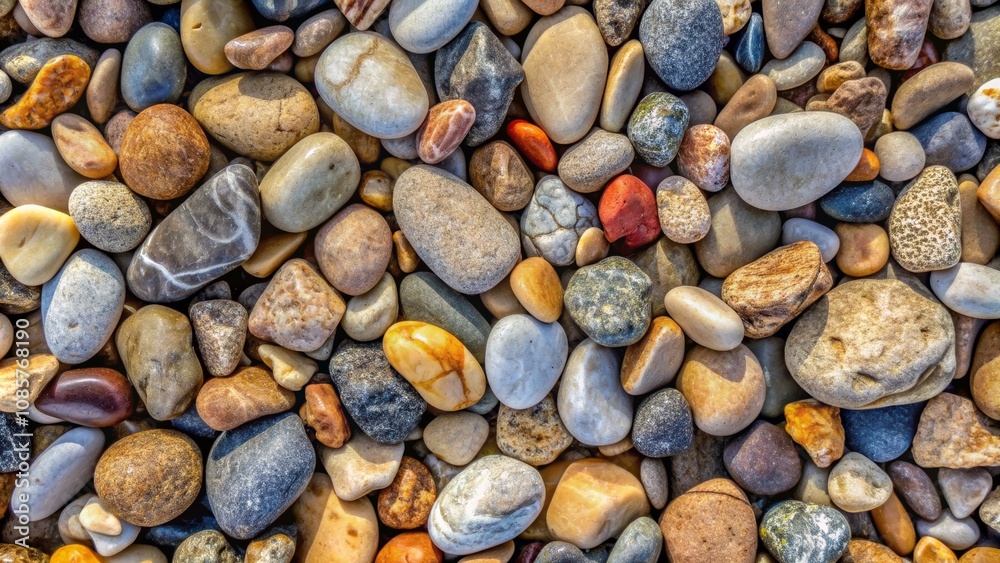 Close-up of Smooth, Colorful Pebbles on a Beach, Overhead Perspective, Composition - Assorted Shapes and Sizes, Image - Warm Tones and Natural Textures Close-up of Smooth, Colorful Pebbles on a Beach, Overhead Perspective, Composition - Assorted Shapes and Sizes, Image - Warm Tones and Natural Textures