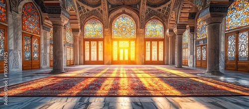 Opulent Interior of an Historic Mosque with Intricate Muqarnas Ceiling and Stained Glass Windows photo