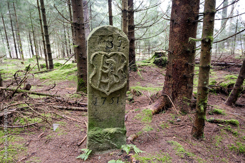 Grenzstein aus dem Jahr 1751  mit dem Eisfelder Wappen am Bleßberg im Thüringer Schiefergebirge photo