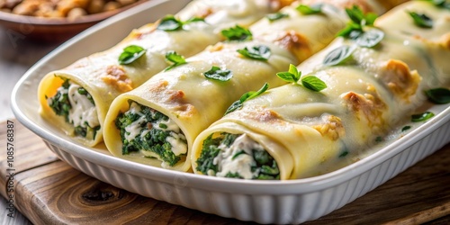 Close-up of Spinach and Ricotta Cannelloni in a White Baking Dish, Italian Cuisine, Baked Pasta, Cannelloni, Spinach, Ricotta