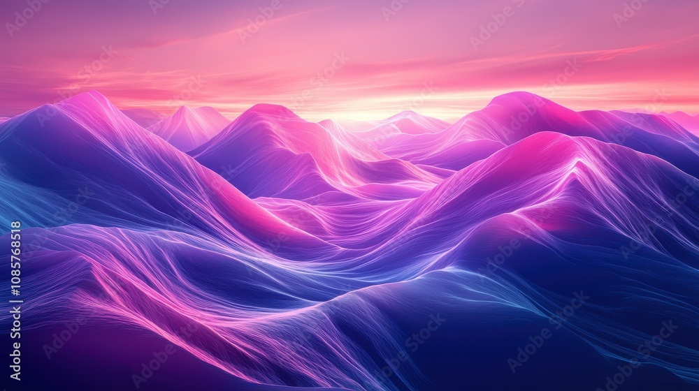 Abstract glowing ribbons of light flow through a tranquil canyon under a twilight sky. The vibrant energy contrasts beautifully with the rugged natural beauty of the landscape. A stunning juxtapositio Abstract glowing ribbons of light flow through a tranquil canyon under a twilight sky. The vibrant energy contrasts beautifully with the rugged natural beauty of the landscape. A stunning juxtapositio