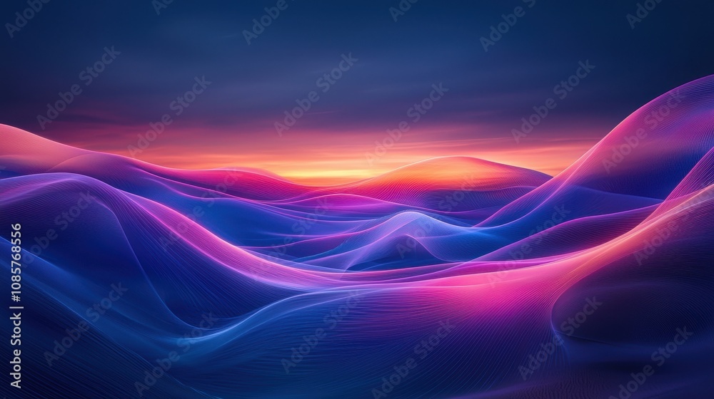 Abstract glowing ribbons of light flow through a tranquil canyon under a twilight sky. The vibrant energy contrasts beautifully with the rugged natural beauty of the landscape. A stunning juxtapositio Abstract glowing ribbons of light flow through a tranquil canyon under a twilight sky. The vibrant energy contrasts beautifully with the rugged natural beauty of the landscape. A stunning juxtapositio