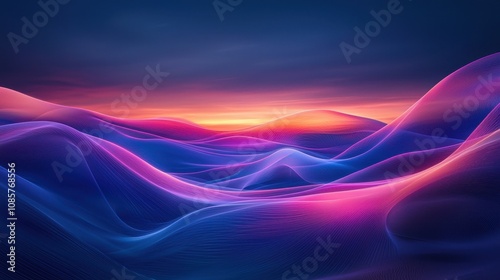 Abstract glowing ribbons of light flow through a tranquil canyon under a twilight sky. The vibrant energy contrasts beautifully with the rugged natural beauty of the landscape. A stunning juxtapositio