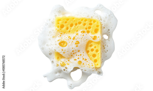 Yellow sponge soaking in a sudsy, white foam splash, photo