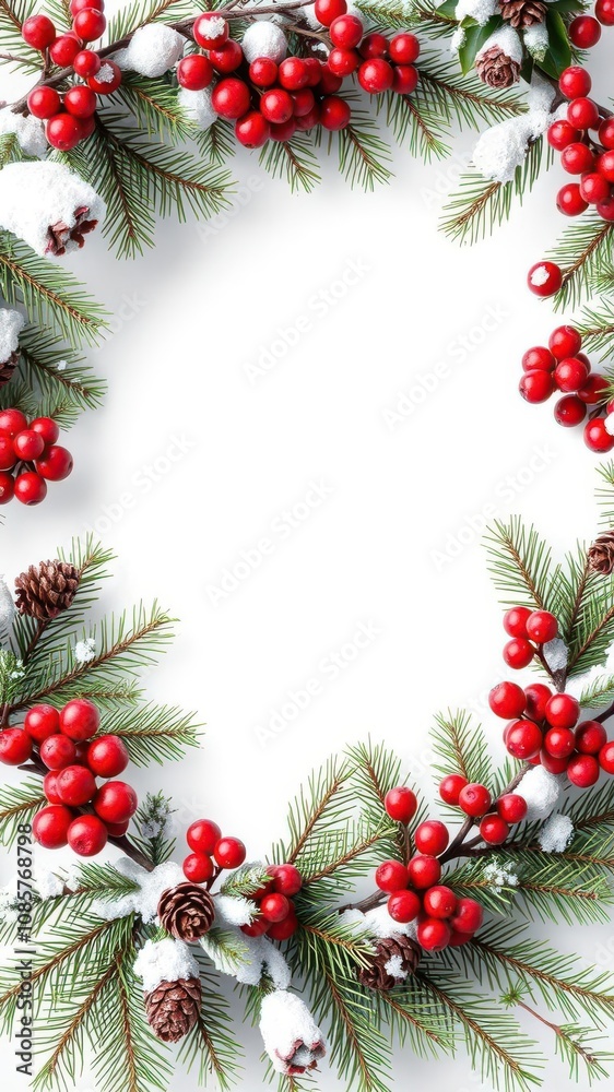 Christmas frame of tree branches with red berries and pine cones, perfect for winter holidays, red berries Christmas frame of tree branches with red berries and pine cones, perfect for winter holidays, red berries