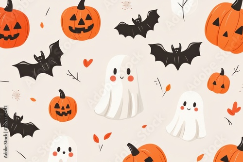 A minimalist Halloween-themed design featuring cute, simple illustrations of ghosts