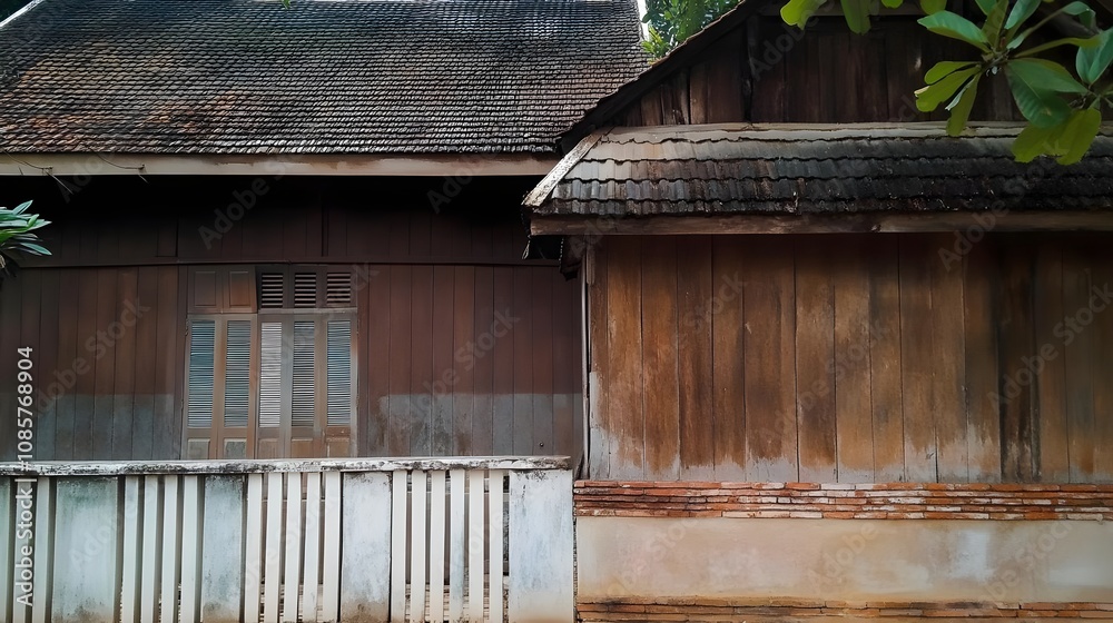 Weathered Wooden House with Traditional Architecture Featuring Shuttered Windows and Rustic Charm Surrounded by Tropical Greenery in a Picturesque Setting Weathered Wooden House with Traditional Architecture Featuring Shuttered Windows and Rustic Charm Surrounded by Tropical Greenery in a Picturesque Setting