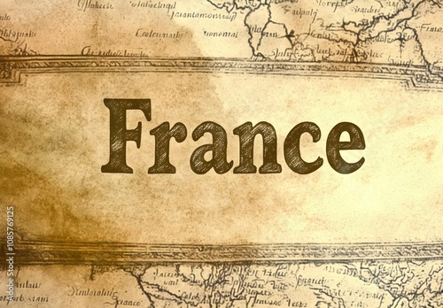 Vintage Map Background Featuring the Country Name France in Rustic Typography Overlaid on an Antique World Map Drawing for Travel Themes