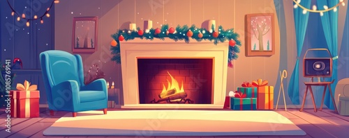 Cartoon Christmas Living Room Scene. Festive Interior with Fireplace, Gifts, and Winter Decorations. Flat Illustration.