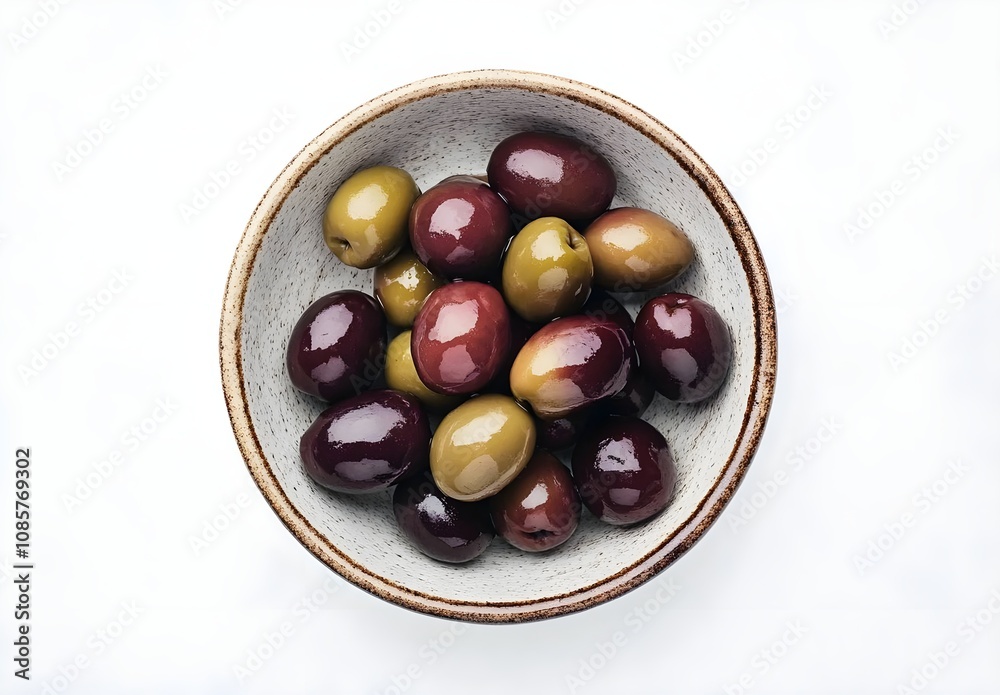 A Beautiful Selection of Green and Black Olives in a Rustic Bowl on a White Background, Perfect for Mediterranean Cuisine and Healthy Eating Enthusiasts A Beautiful Selection of Green and Black Olives in a Rustic Bowl on a White Background, Perfect for Mediterranean Cuisine and Healthy Eating Enthusiasts