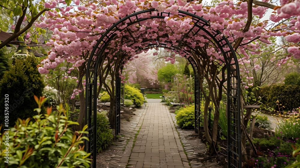 Obraz premium Romantic Garden Path with Cherry Blossom Canopies