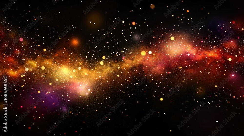 Fototapeta premium New Year background with a vibrant explosion of fireworks in a night sky filled with glitter and golden bokeh lights.