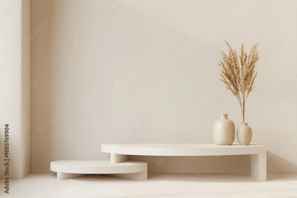 empty asymmetrical multi-level product podium, Scandinavian design flat front view empty asymmetrical multi-level product podium, Scandinavian design flat front view
