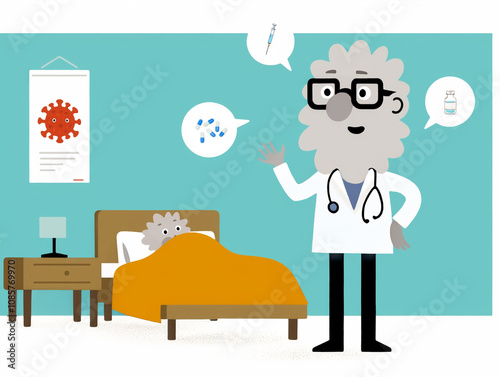 Fun illustration of physician with sick kid lying in bed, in hospital, the doctor talks about a virus, drawings of capsules, syringe and vaccine serum appear in speech bubbles, cartoon for healthcare