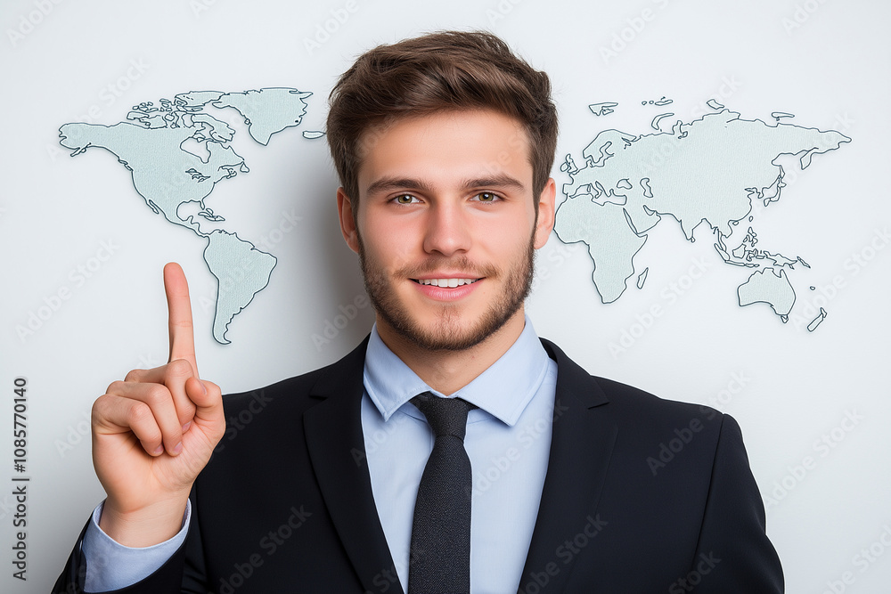 Professional man in suit pointing at world map, symbolizing global business Professional man in suit pointing at world map, symbolizing global business