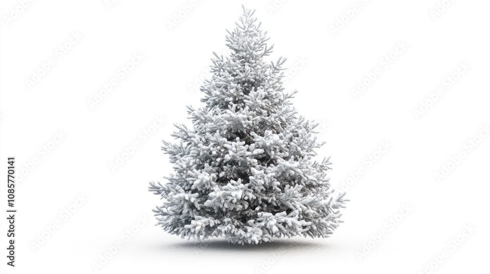 Snow-kissed Christmas tree with a frozen appearance, covered in icy ornaments, on a white background Snow-kissed Christmas tree with a frozen appearance, covered in icy ornaments, on a white background