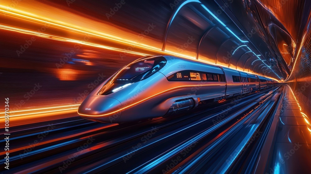 A futuristic high-speed train gliding through a glowing neon-lit tunnel with gradient waves of orange and blue illuminating the space. The sleek design showcases innovation and motion. A dynamic A futuristic high-speed train gliding through a glowing neon-lit tunnel with gradient waves of orange and blue illuminating the space. The sleek design showcases innovation and motion. A dynamic
