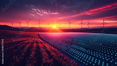A futuristic high-tech energy farm glowing with gradient waves of light flowing across solar panels and wind turbines. The vibrant colors emphasize sustainability and innovation in renewable 